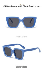Detail of bright blue square frame sunglasses with dark grey protective lenses