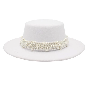 Elegant Boater Hat For Women French Style Wide Brim Flat Top Wool Felt Hat With Faux Artificial Pearl Vintage Fedora