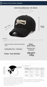 Detailed size chart for vintage embroidered baseball cap with head measurements and specs