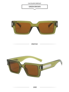 Detail view of square sunglasses with transparent green frames and brown lenses from two angles