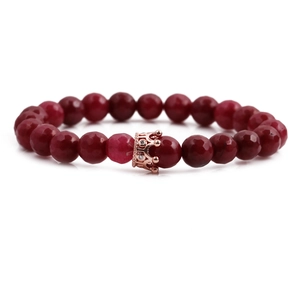 8mm faceted red beaded bracelet with a rose gold crown charm for men and women