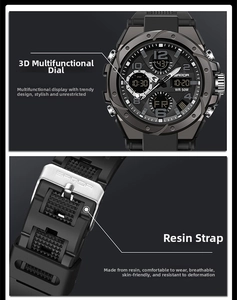 Dettaglio dell'orologio sportivo multifunzione impermeabile 50M con doppio display e resina