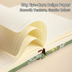 A6 vintage green linen notebook with floral embroidery and 80g ruled cream paper