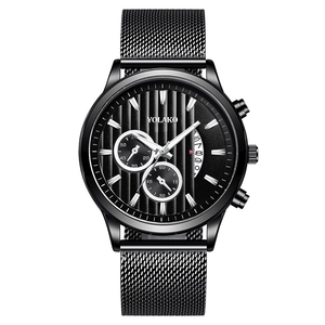 YOLAKO stylish black men's business quartz watch with mesh strap and calendar display
