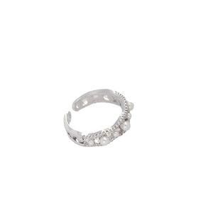 Elegant wave silver open ring with artificial pearls and shimmering cubic zirconia stones