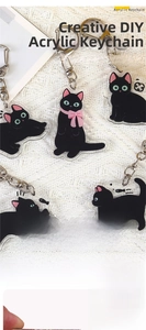 Detail of double-sided acrylic keychains featuring cute black cat patterns and metal rings