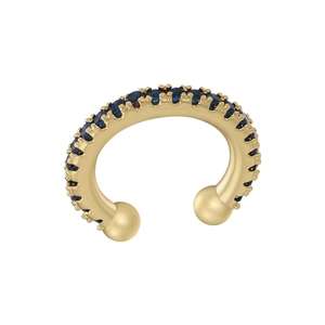 Detail of 18K gold plated cuff earring with pave-set deep blue cubic zirconia stones