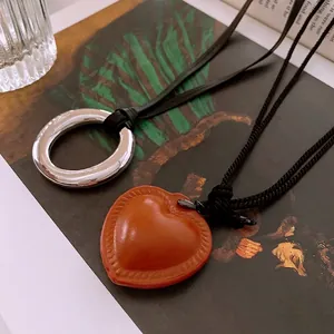 Heart Faux Leather Pendant Necklace And Silver Round Ring Minimalist Long Woven Rope Jewelry Women Vintage Style