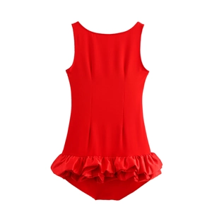 Robe rouge sexy dos nu à col carré avec ourlet à volants et coupe ajustée