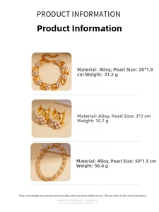 Detailed size parameters for vintage leaf jewelry set with zircons and pearls
