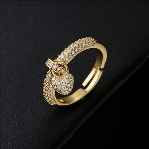 18K Gold Plated Copper Heart Dangle Open Ring For Women Micro Pave Cubic Zirconia Adjustable Simple Jewelry