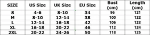 Tableau des tailles détaillé pour robe élégante avec conversions US, UK, EU et mesures de buste