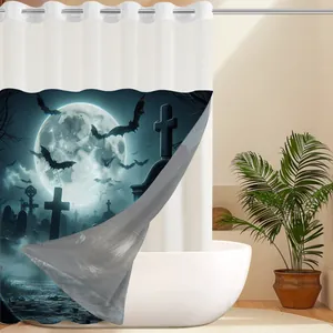 Detail of Halloween shower curtain with full moon, bats and graveyard pattern in a bathroom