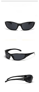 Macro detail of glossy black Y2K sports sunglasses with ergonomic ventilated temples