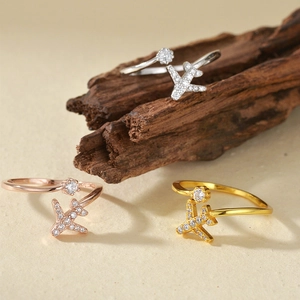 S925 sterling silver airplane rings in silver, gold, and rose gold with zircon stones