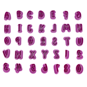 Detailed set of purple plastic letter and number cookie cutters for fondant cake decoration