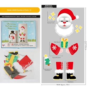 Detailed views of 19-piece cartoon Santa magnetic fridge stickers with size dimensions