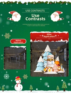 Detailed comparison of colorful snowman and Christmas tree static window decals on glass