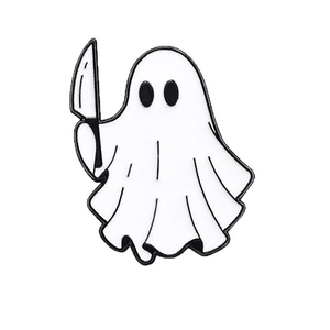 Cartoon white ghost enamel pin holding a knife, Halloween punk style metal badge brooch