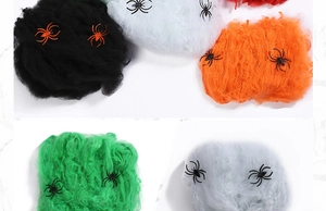 Detail of colorful Halloween spider webs in black, white, orange and green fiber with spiders