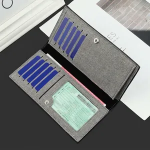 Gray textured canvas long wallet for men with multi-slot blue interior card holders