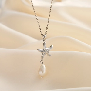 Elegant S925 sterling silver starfish necklace with irregular freshwater pearl on silk