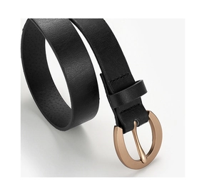 Detail of black textured leather belt featuring a polished gold oval metal buckle