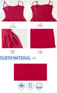 Vues détaillées de l'encolure de la robe rouge, des poches, de l'ourlet et du tissu en coton