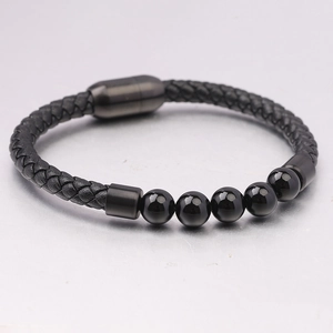 Bracciale da uomo in pelle nera intrecciata e occhio di tigre 6mm con chiusura magnetica