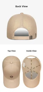 Detail view of khaki baseball cap with breathable mesh and adjustable metal buckle