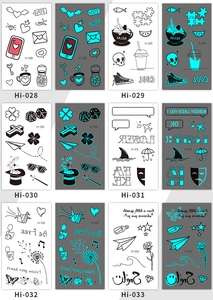 Luminous temporary tattoos showing normal black lines and blue-green glow effects