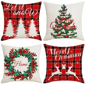 Set of 4 Christmas pillow covers with reindeer and tree patterns on red and white linen