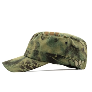 Detail of camouflage military patrol cap with breathable side metal eyelets and camo pattern