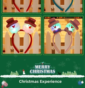 Detail of glowing LED Christmas headbands featuring Santa and snowman cartoon characters