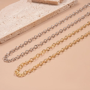 Minimalist geometric round link necklace in gold and silver textured metal chain