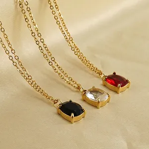 Women Stainless Steel Zircon Pendant Necklace 18K Gold Plated Geometric Oval Cubic Zirconia Dainty Fashion Jewelry