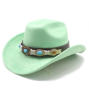 Detail of mint green suede cowboy hat with turquoise and amber stone leather band