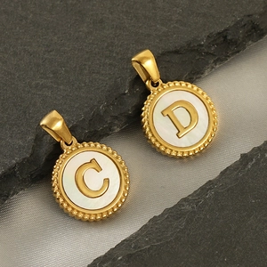 18K gold stainless steel circular pendants with white mother of pearl and letters C and D