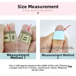 Detailed size measurement guide showing how to measure nail width for press-on nails