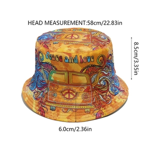Detailed size chart of a colorful peace sign bucket hat with 58cm head circumference