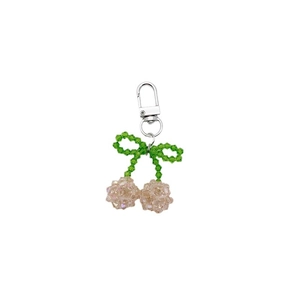 Handmade crystal beaded cherry keychain with green leaves and champagne fruit on silver clasp