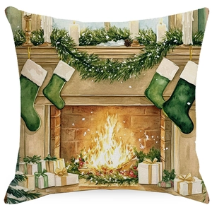 Detail of Christmas pillow cover featuring watercolor fireplace with green stockings