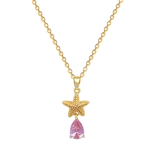 Elegant gold starfish necklace with a sparkling pink teardrop crystal pendant