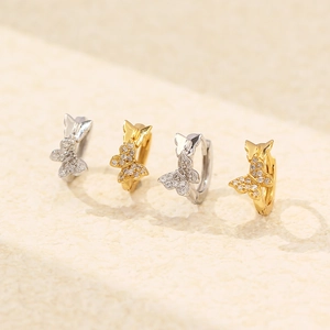 S925 silver butterfly huggie hoop earrings with sparkling cubic zirconia in gold and silver