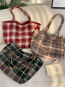 Sac Fourre-Tout Vintage En Laine À Carreaux Grande Capacité Tissu Suède Sac À Épaule Esthétique Rétro Pour Femmes