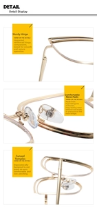 Detailed macro view of golden metal cat-eye frame hinges, nose pads and curved temples
