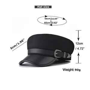 Size chart for black PU leather military cap showing 56-60cm circumference and 5cm brim