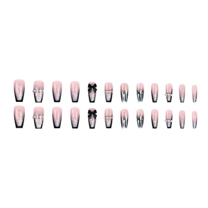 Pink and black gradient coffin fake nails with 3D bows and rhinestone drips