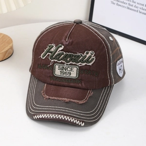 Vintage baseball cap with Hawaii embroidery and distressed patchwork canvas design