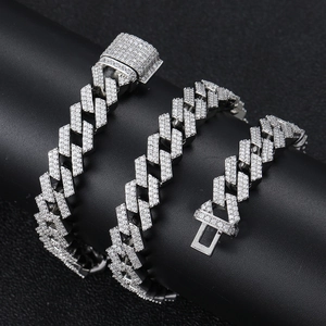 Mens silver 12mm rhombic Cuban link chain with double row cubic zirconia hip hop style